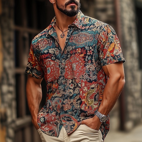  Men's Indian Boho Shirt Summer Hawaiian Shirt Button Up Shirt Short Sleeve Hawaiian Vacation Holiday Beach Wear Summer Spring Turndown 3D Print Collared Shirts Blue