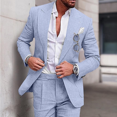 Heren Bruiloft Strand Linnen pakken Punt Hemelsblauw Stoffig blauw Effen Getailleerd 2-delige set Enkele rij knopen met één knoop