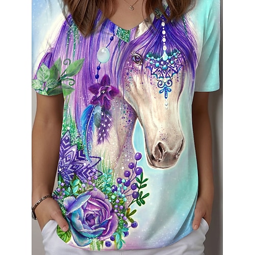  gypsy violet horse by sheena pike dámské tričko květinové grafické zvíře vintage stylové ležérní krátký rukáv výstřih do véčka běžné topy denní tisk nebesky modrá léto