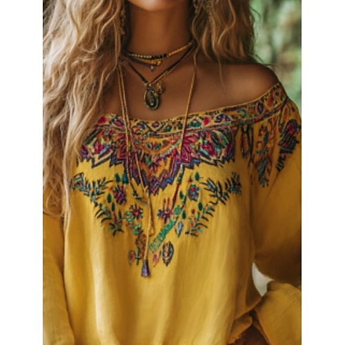 bluză de damă bluză boho floral retro vintage etnic mânecă lungă cu umăr dezactivat topuri obișnuite imprimeu sărbători zilnice galben vară