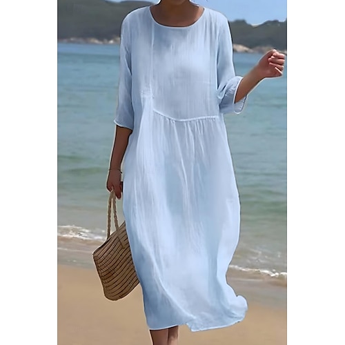 Femmes Robe Midi Robes en coton et lin Robe Décontractée Mode Basique Classique Quotidien Plage Week-end Coupe régulière Uni Demi Manches Col ras du cou Blanche Rose Claire Bleu clair Été