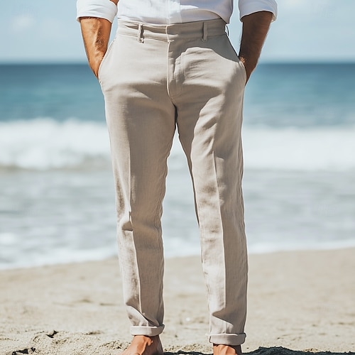  Pantalones de lino para hombre, pantalones de vestir, pantalones de verano, pierna recta, lisos, transpirables, informales, para uso diario, vacaciones, corte estándar, color caqui y beige.