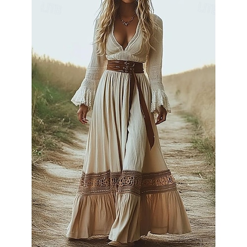  Damen Boho Kleid Western Kleid Vintage Midi Kleid Sommerkleid Slip Kleid Urlaub Lässig Boho Party Täglich Ferien Reguläre Passform Schlicht Langarm Spaghettiträger Beige Sommer Frühling