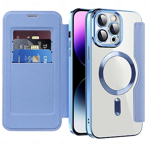 Funda MagSafe para iPhone con parte trasera transparente y ranura para tarjetas – Cubierta retro PU cuero para iPhone 16e 16 15 Pro Max Plus 14 13 12 11