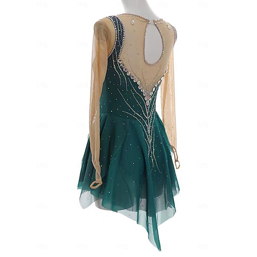 Figure Skating Dress Women's Girls' Ice Skating Dress Dark Green Patchwork  Thumbhole Mesh Spandex Stretchy Training Practice Professional Skating Wear  Thermal Warm Crystal / Rhinestone Long Sleeve 2026 - CHF176