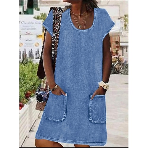Femmes Mini Robe Robe Décontractée Robe en coton et lin Robe d'été Basique Moderne Quotidien Week-end Coupe régulière Uni Manche Courte Col en U Bleu Roi Été