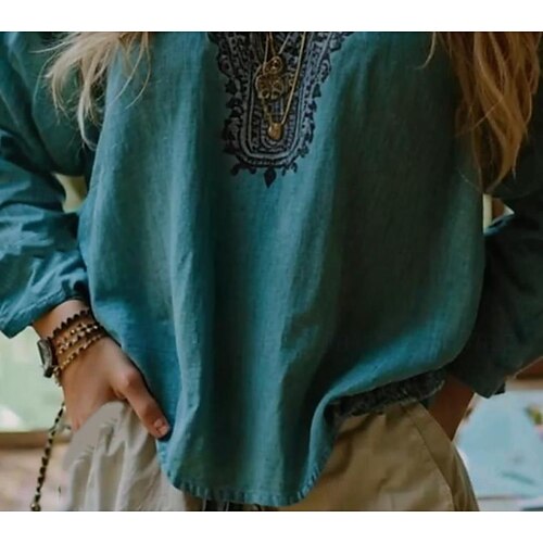  Blouse boho femme graphique florale bohème vintage tropicale à manches 3/4 col en V haut régulier bleu été printemps