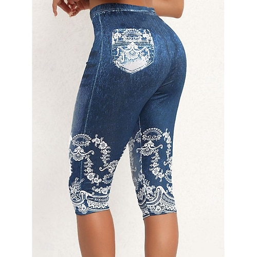  Women's Leggings Capri Pants High Elasticity Vacation Vintage Fashion Calf-Length Mid Waist Floral Graphic Printing Breathable Soft Stretchy Vacation Casual Daily Robin's Egg Blue Dark Navy