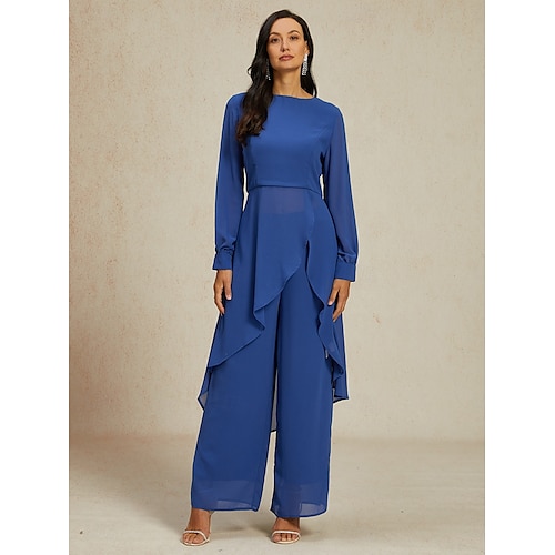 női esküvői vendég jumpsuit elegáns sötétkék hosszú áttetsző ujjú széles láb elegáns esti parti viselet kerek nyakkivágás tavasz nyár ősz