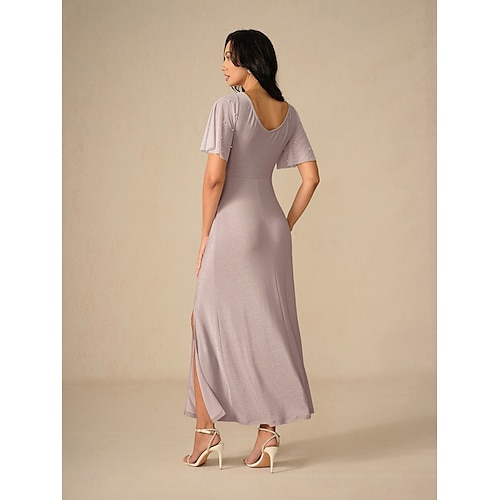  Femmes Robe maxi Robe fourreau Élégant Fête Mariage Soirée robe demoiselle d honneur Couleur Unie Manche Courte Col ras du cou Rose Claire Été Printemps Automne