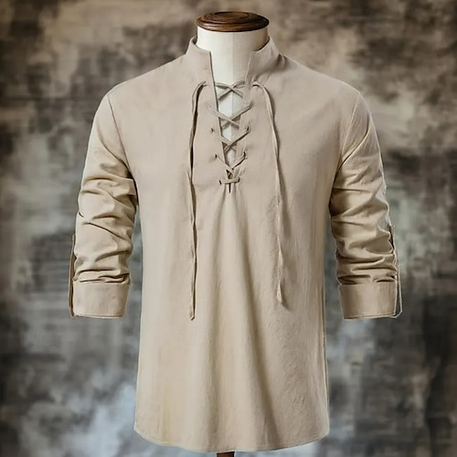  Hombre Camisa camisa de lino Estilo vikingo Camisa de verano Ropa de playa Camisa pirata Color sólido Vacaciones Calle Negro Azul Marino Caqui Manga Larga Escote Chino Verano Primavera Ropa Correa