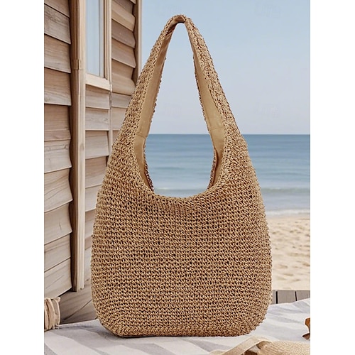 Sac à bandoulière en paille tressée fait main pour femme – grand sac fourre-tout bohème pour la plage, les voyages d'été, les vacances et les tenues décontractées marron beige Sac à bandoulière en paille tressée fait main pour femme – grand sac fourre-tout bohème pour la plage, les voyages d'été, les vacances et les tenues décontractées marron beige