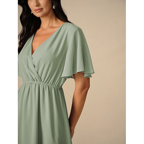  Robe de demoiselle d'honneur Robe Trapèze Femme Robe mi-longue Cuisse fendue robe demoiselle d honneur Soirée Cocktail Elégant Col V Manche Courte Standard Rose Claire Bleu Vert S M L XL XXL