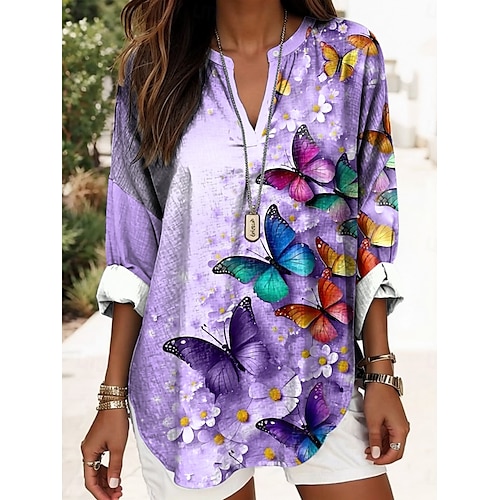  Blouse femme hauts d'été graphique floral vintage tropical hawaïen à manches longues col en V décontractée quotidienne vacances plage imprimé bleu marine bleu violet vert beige printemps été