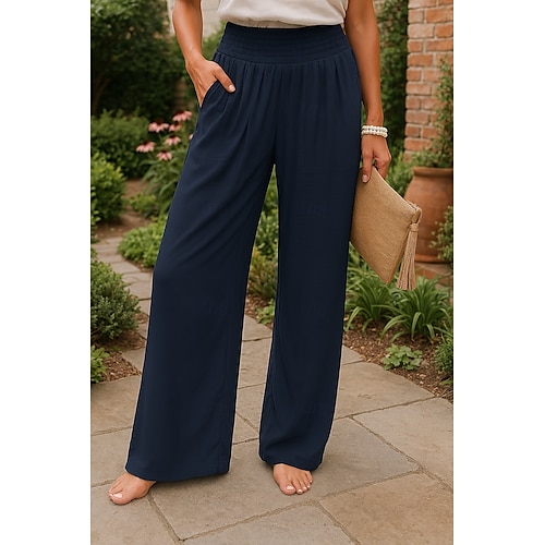 Per donna Gamba larga Pantaloni in cotone e lino Chinos Moda Streetwear Comfort Lunghezza intera Vita Alta Semplice Tasca Fascia Elastica Comodo All'aperto Confortevole Streetwear Abbigliamento