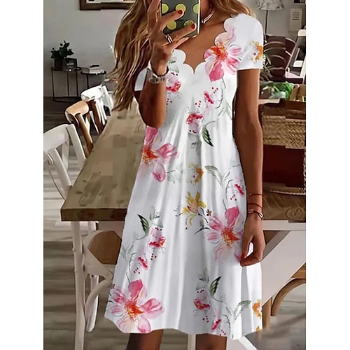  Femmes Mini Robe Robe trapèze Robe d'été Occasionnel Quotidien Coupe régulière Fleuri Graphique Manche Courte Col en V Noir Blanche Rose Claire Bleu Été