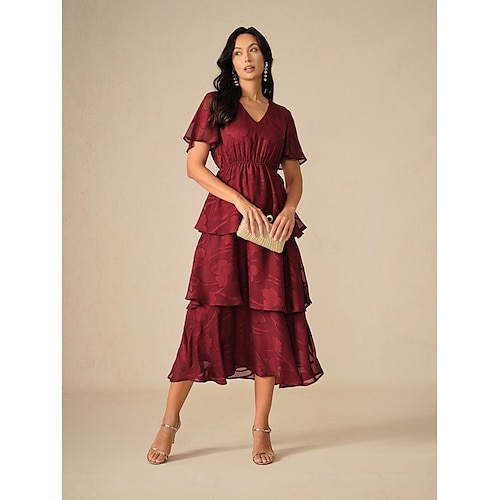  Dames Maxi-jurk A lijn jurk Elegant Formeel Flutter mouw Bruiloft gast Cocktailparty Normale pasvorm Effen Korte mouw V-hals Wijn Zomer