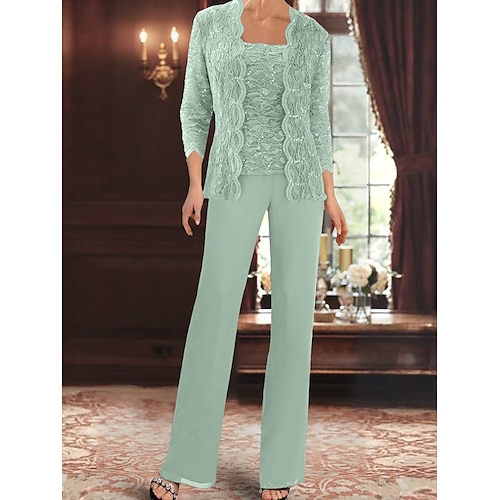 Pantsuit Mother of the Bride Dress Wedding Guest Elegant Simple Square Neck Floor Length Polyester 3/4 Length Sleeve with Solid Color