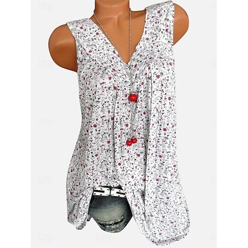  Femmes Débardeur caraco Fleuri Quotidien Occasionnel Sans manches Col en V Hauts Réguliers Quotidien Imprimé Noir Blanche Rose Claire Vert Été