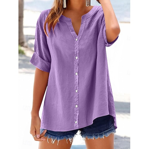 Blouse en coton et lin pour femmes couleur unie élégante décontractée à manches courtes col en V régulier tops quotidiens vacances boutons noir bleu violet vert beige été printemps