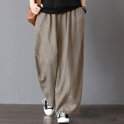 Femmes Pantalon en coton et lin Slacks Streetwear Occasionnel Longueur complète Naturel Uni Avec Poches Taille Élastique Confortable Extérieur Rue Sortir Gris Noir Kaki Café Été Coupe régulière