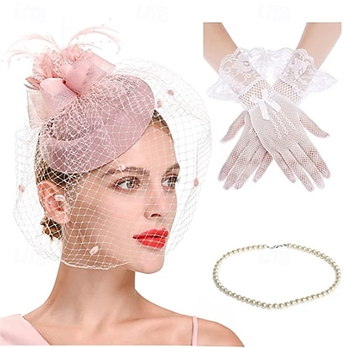 5947 1950s Vintage Fascinator Hat Faux Feather Mesh Net Cocktail Tea 8 Pcs Fascinator Hats for Women Tea Party Lace Pillbox Hat  main image 3