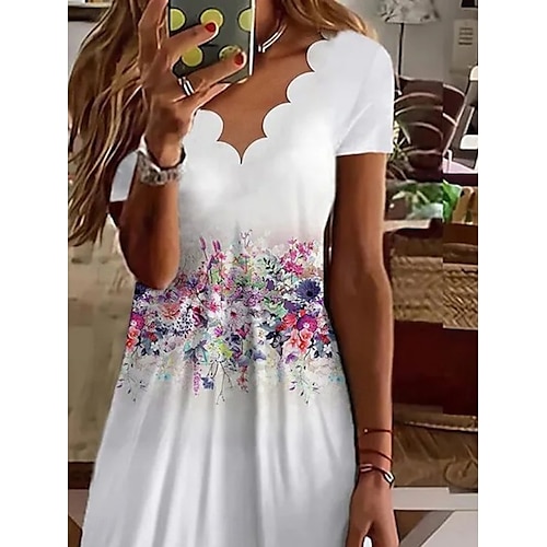  Femmes Mini Robe Robe trapèze Robe d'été Occasionnel Quotidien Coupe régulière Fleuri Graphique Manche Courte Col en V Noir Blanche Rose Claire Bleu Été