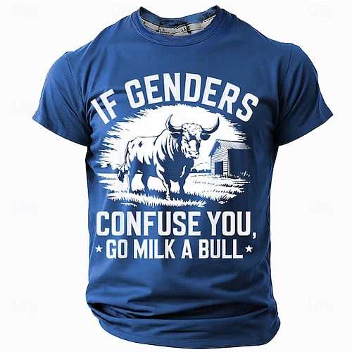  男性用グラフィックショートスリーブTシャツ：『性別が混乱するなら、牛を搾乳しに行け』ユーモアTシャツ