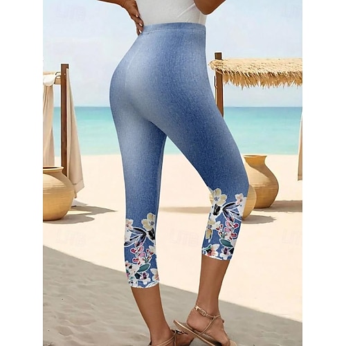  Dámské legíny capri kalhoty vysoké elasticity dovolená vintage móda délka do lýtek střední pas květinový grafický potisk prodyšné měkké elastické dovolená volnočasové každodenní modro-robins egg léto
