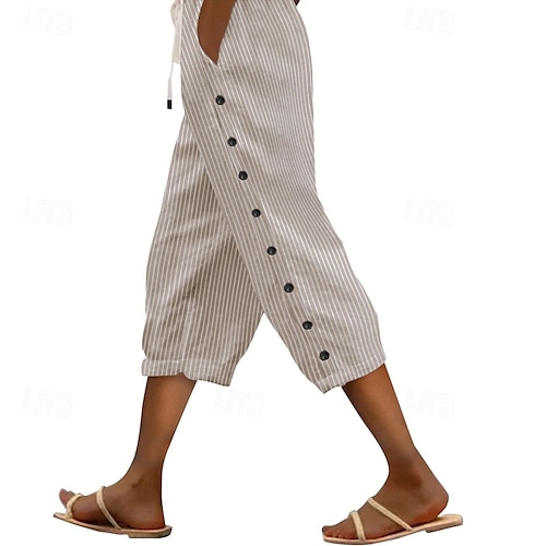 Femmes Pantalon capri Slacks Occasionnel Longueur mollet Naturel Rayé Avec Poches Conception à cordon élastique Extérieur Confortable Extérieur Sortir Abricot Rose Vert Été Coupe régulière