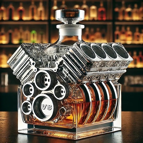  V8 Engines Whisky Bottle, Premium Glass, Best Fathers Day Gift for Men, Unique and Fun Liquor Dispenser, Tabletop Decor