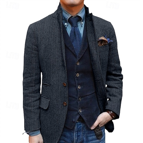  heren retro vintage tweed blazer visgraat blazer sportjas normaal plus size enkelrijs twee knopen zwart champagne bordeaux blauw