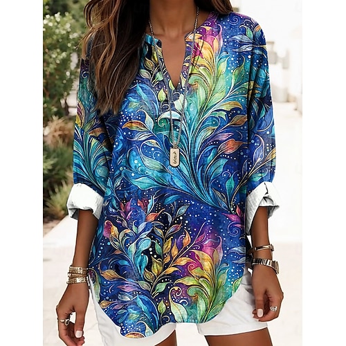  Blouse femme hauts d'été graphique floral vintage tropical hawaïen à manches longues col en V décontractée quotidienne vacances plage imprimé bleu marine bleu violet vert beige printemps été