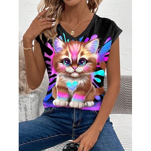  lil kitty by sheena pike dámská košilka tílko grafické zvíře vintage tropický stylový bez rukávů výstřih do V běžné topy denní dovolená černá léto jaro