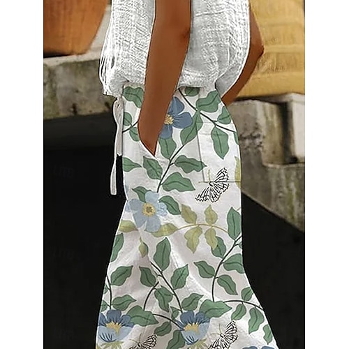  Damernas bomullslinbyxor baggy byxor linne liknande strandshorts semester vintage mode ankellång hög midja blommönster grafisk bladtryck andningsbar mjuk mikroelastisk utomhussemester avslappnad