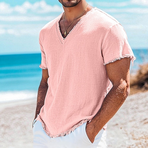  Per uomo Maglietta Maglietta in lino Maniche Corte Scollo a V Estate Semplice Moda Designer Essenziale Morbido Vacanza Casual Quotidiano Spiaggia Blu chiaro Bianco Rosa Maglietta Top per Uomo