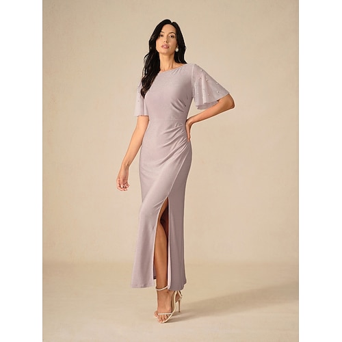  Femmes Robe maxi Robe fourreau Élégant Fête Mariage Soirée robe demoiselle d honneur Couleur Unie Manche Courte Col ras du cou Rose Claire Été Printemps Automne
