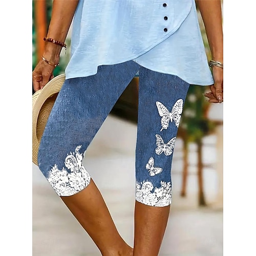  Women's Leggings Capri Pants High Elasticity Vacation Vintage Fashion Calf-Length Mid Waist Floral Graphic Printing Breathable Soft Stretchy Vacation Casual Daily Robin's Egg Blue Dark Navy