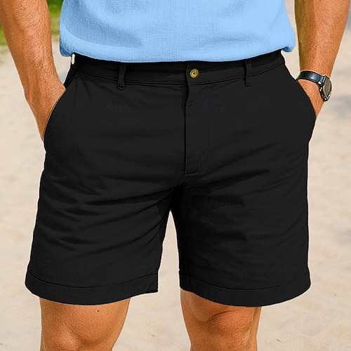  Herr Linne Shorts Klänning Shorts Sommarshorts Beach Shorts Dragkedja Knappar Ficka Ensfärgat Slät Komfort Andningsfunktion Knelängd Utomhus Ledigt Dagligen Semester Mode Svart Vit