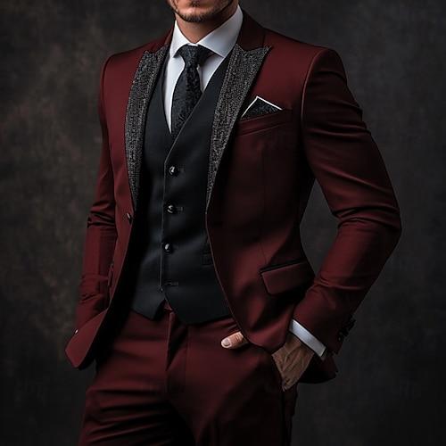 De los hombres Boda Fiesta de baile Trajes de fiesta Solapa de Muesca Burdeos Lujo Formal Color sólido Estándar Juego de 3 piezas Recto 1 botón
