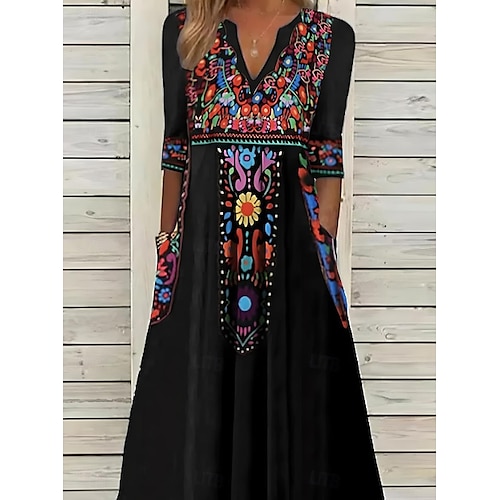 Per donna Vestito longuette Abito Boho a maniche lunghe Abito linea A Abito boho Moda Informale Da mare Informale Giornaliero Standard Pop art Manica lunga A V Nero Vino Blu marino Estate Primavera