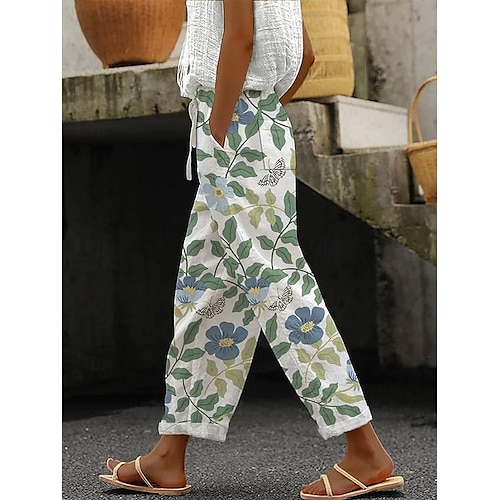  Damernas bomullslinbyxor baggy byxor linne liknande strandshorts semester vintage mode ankellång hög midja blommönster grafisk bladtryck andningsbar mjuk mikroelastisk utomhussemester avslappnad