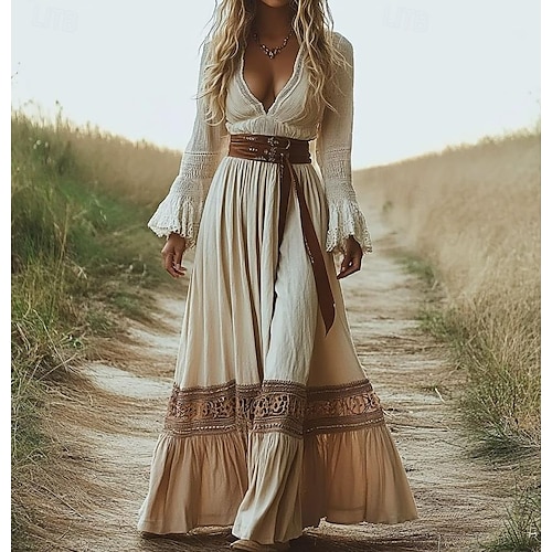  Damen Boho Kleid Western Kleid Vintage Midi Kleid Sommerkleid Slip Kleid Urlaub Lässig Boho Party Täglich Ferien Reguläre Passform Schlicht Langarm Spaghettiträger Beige Sommer Frühling