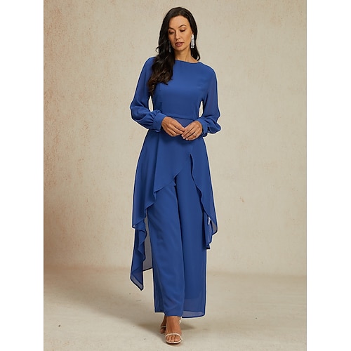  női esküvői vendég jumpsuit elegáns sötétkék hosszú áttetsző ujjú széles láb elegáns esti parti viselet kerek nyakkivágás tavasz nyár ősz