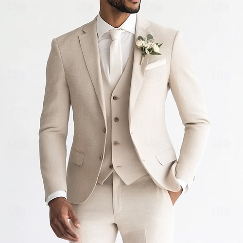 Uomo Matrimonio Completi in Lino Azzurro cielo Verde salvia Moda Formale Tinta unita Vestibilità standard 3 pezzi Monopetto Due Bottoni Uomo Matrimonio Completi in Lino Azzurro cielo Verde salvia Moda Formale Tinta unita Vestibilità standard 3 pezzi Monopetto Due Bottoni