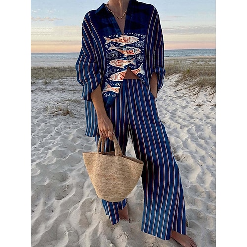 Completi da donna moda streetwear quotidiani in 2 pezzi con camicia a maniche lunghe colletto grafico casual per giornate in spiaggia rosso blu navy blu estate vestibilità regolare