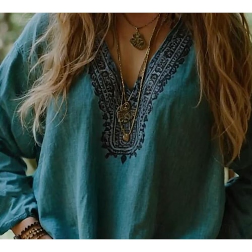  Blouse boho femme graphique florale bohème vintage tropicale à manches 3/4 col en V haut régulier bleu été printemps