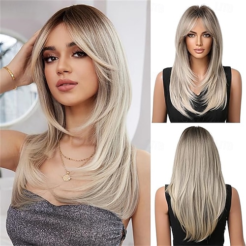 Straight Layered Synthetic Wig with Dark Roots for Daily Party Use Amazon.com : Esmee 16 Inches Long Straight Blonde Layered  main image 4
