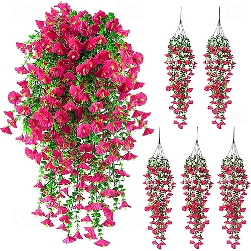  5 fiori artificiali di ipomea appesi per esterni, petunie finte resistenti ai raggi UV, realistici fiori di seta finta, ipomea di eucalipto, per interni ed esterni, fioriere, verande, patii, decorazioni per la casa.