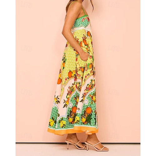  Damen Langes Kleid Maxikleid Baumwoll-Leinen-Kleider Freizeitkleid Unterkleid Mode Outdoor Party Ferien Normale Passform Frucht Ärmellos Spaghettiträger Gelb Sommer